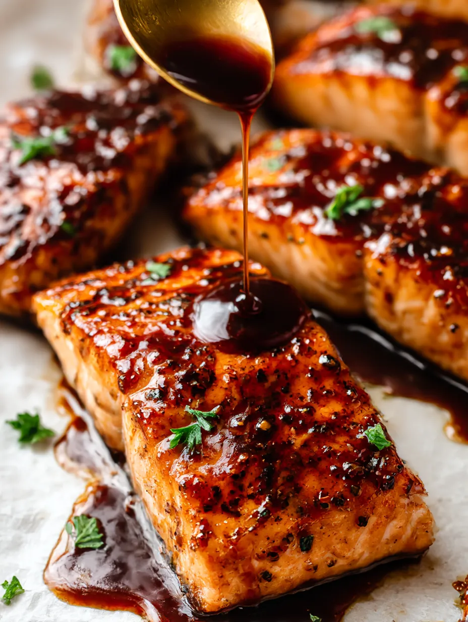 A close up of a piece of salmon with honey drizzled on top.