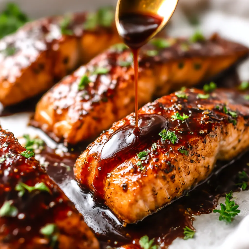 A close up of a piece of salmon with a glaze drizzled over it.
