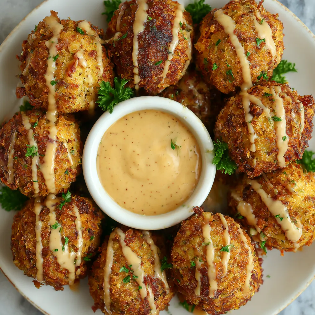 A plate of Reuben balls with a spicy thousand island dipping sauce.