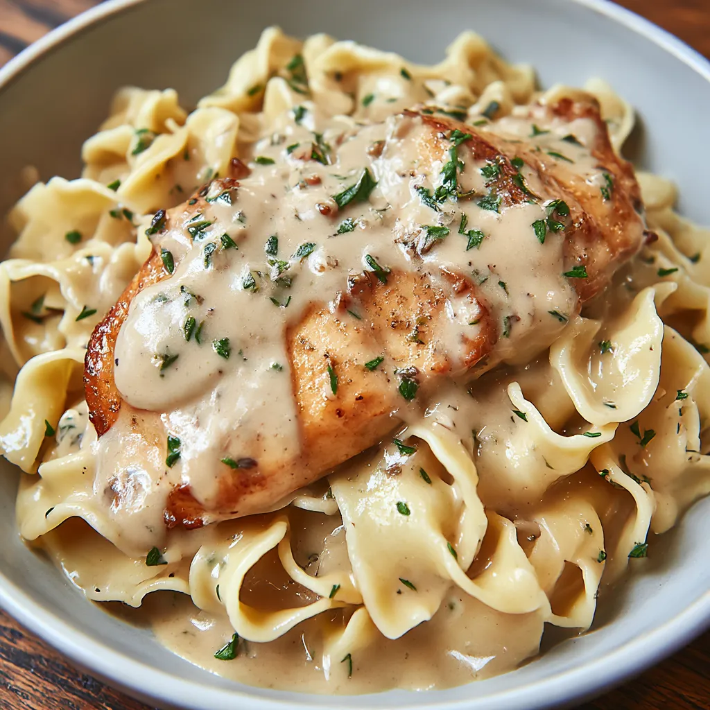 A bowl of chicken with buttered noodles.