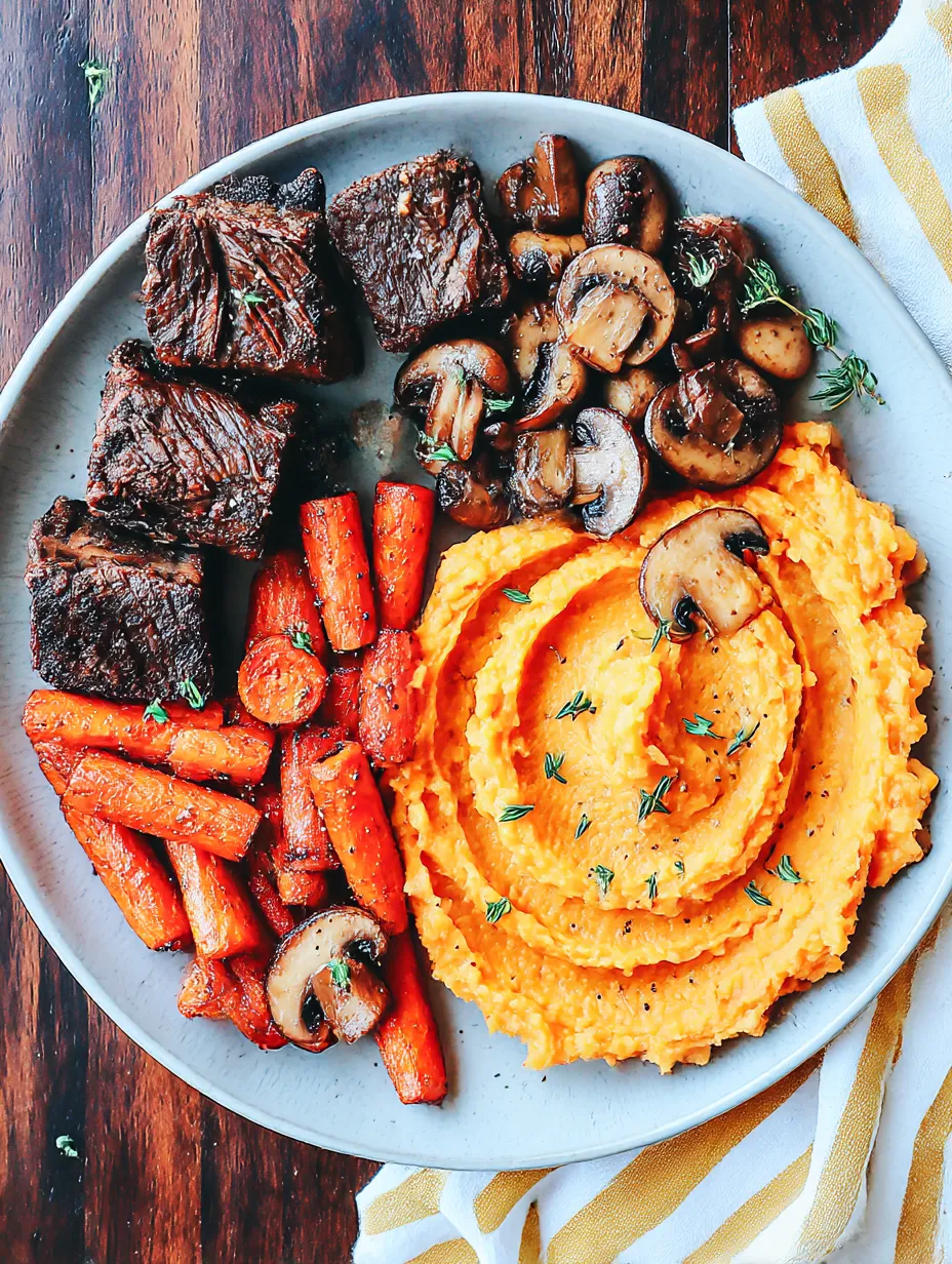 A plate of food with beef short ribs, mushrooms, carrots, and sweet potatoes.