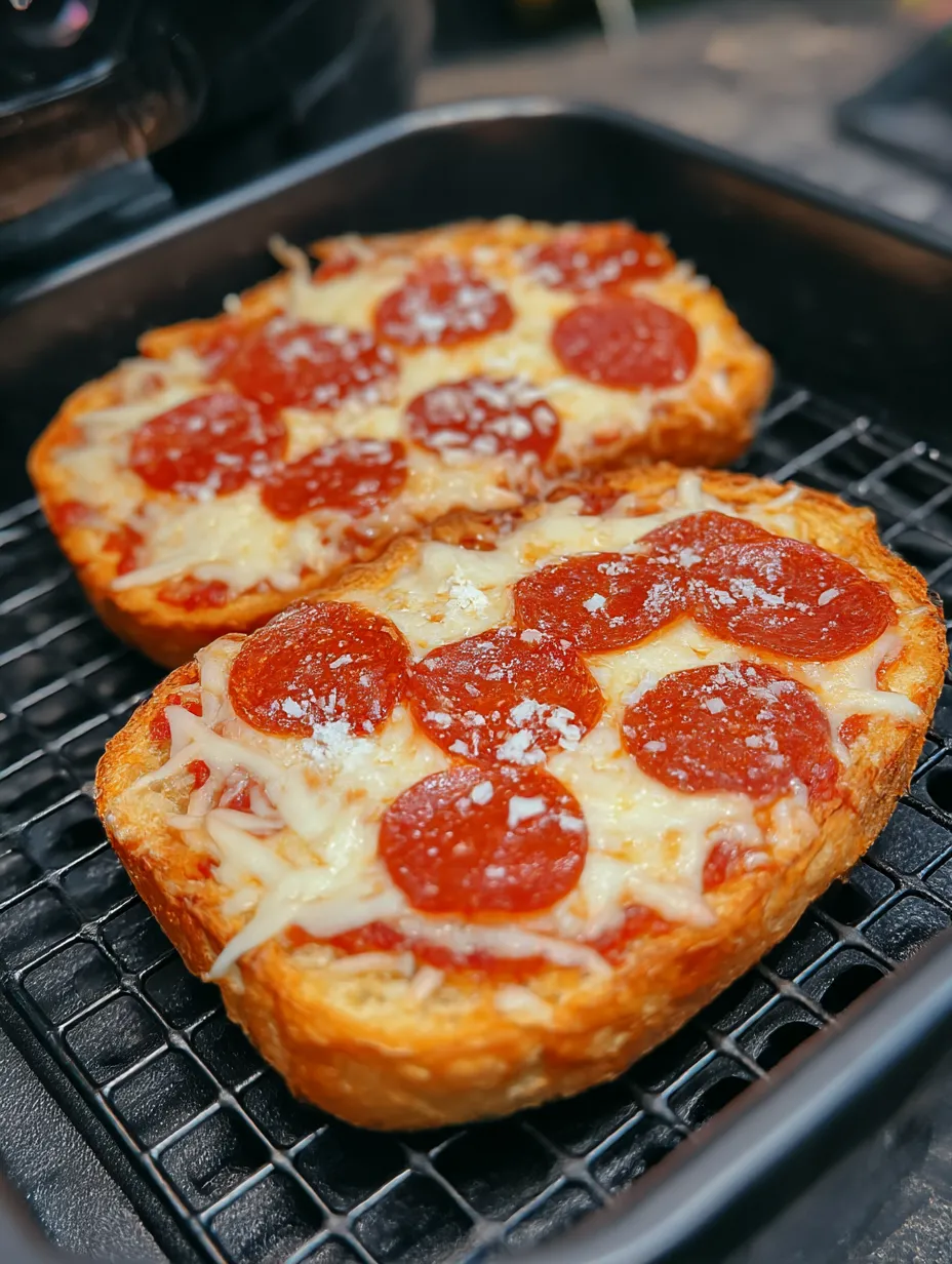 Two slices of pizza toast in an air fryer.