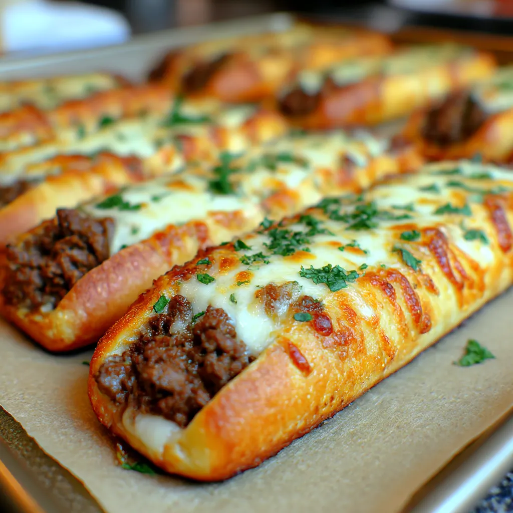 A tray of cheesy breadsticks with meat in them.