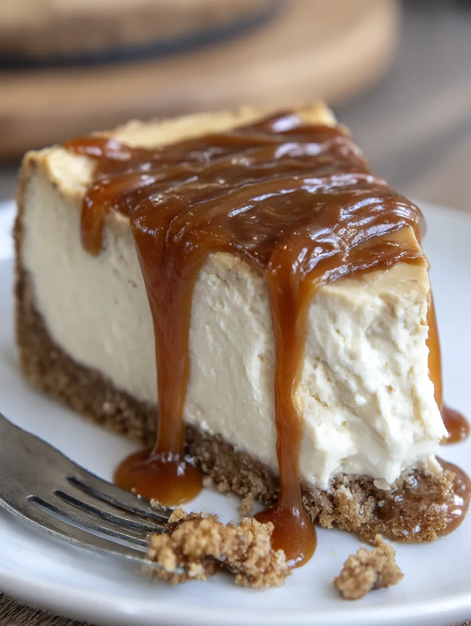 A slice of apple cider cheesecake with caramel drizzle.