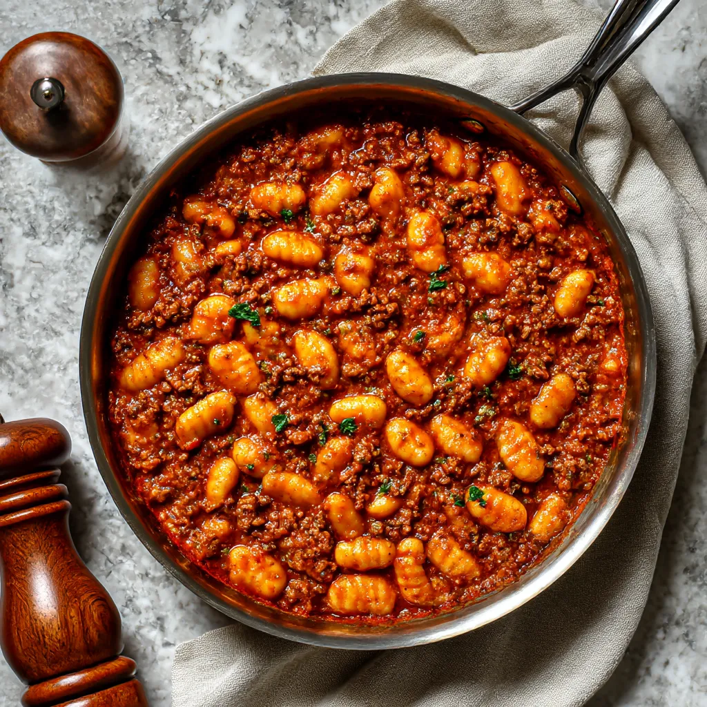 A pan of gnocchi with meat sauce.