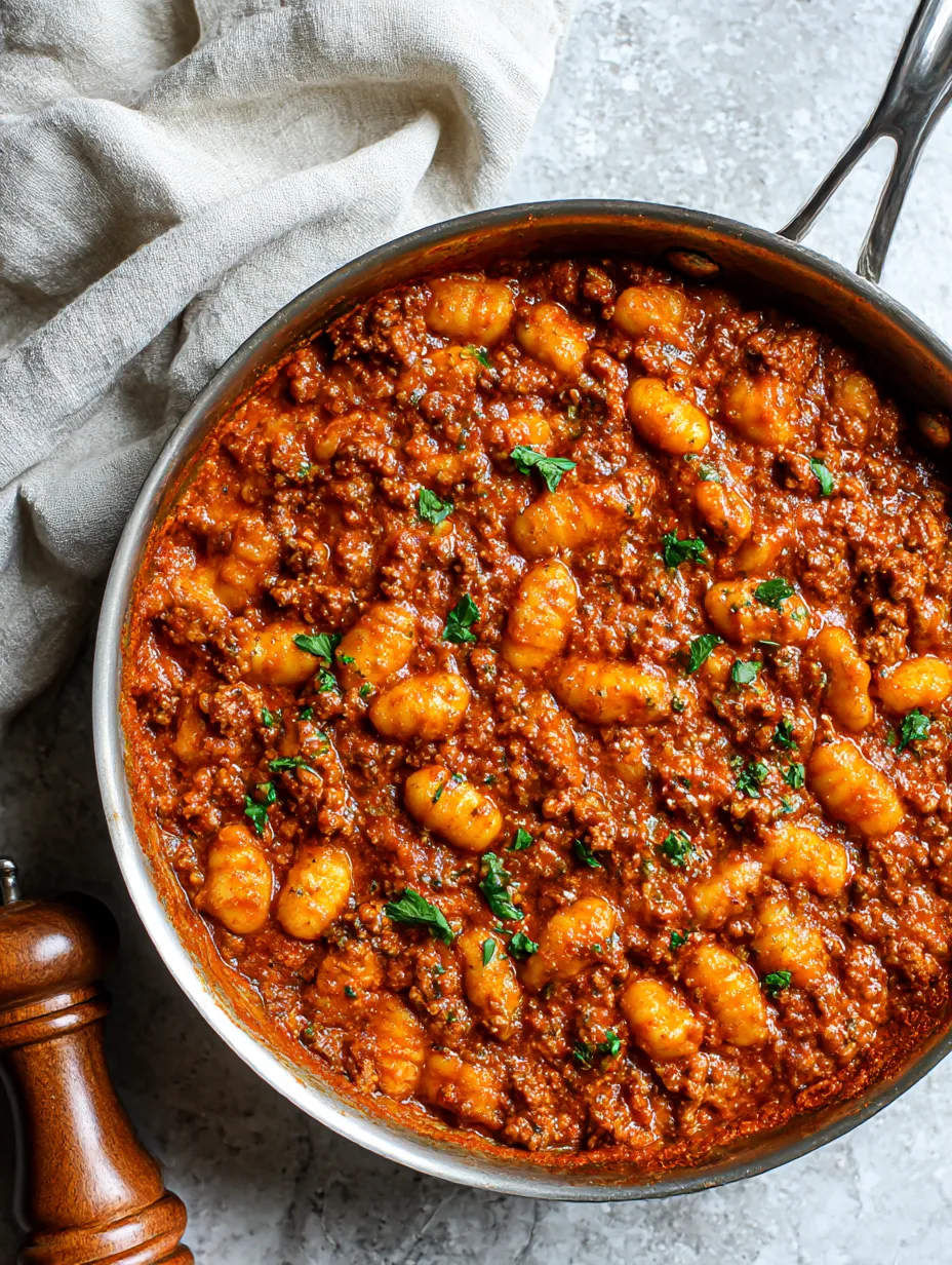 A pot of gnocchi and meat sauce.