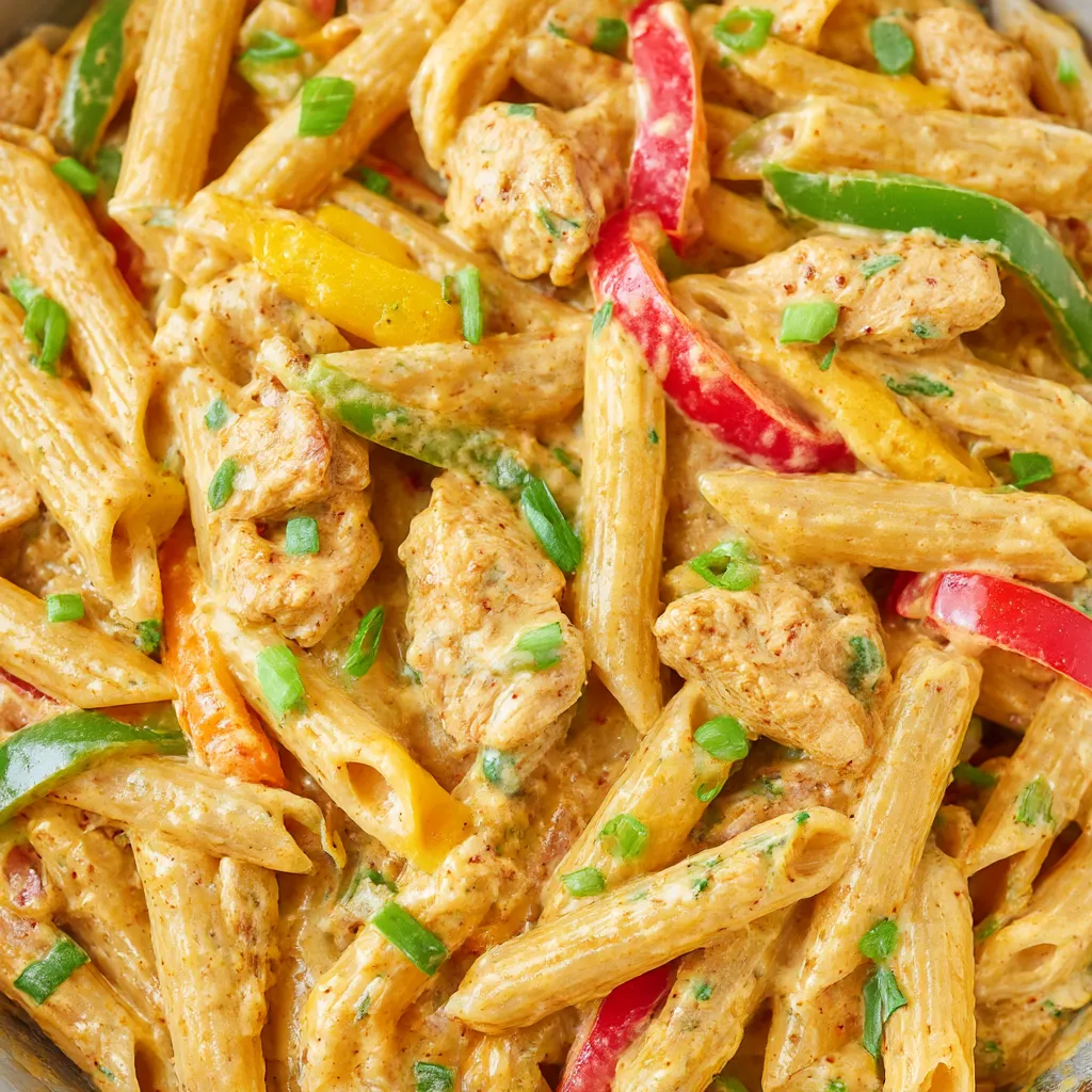 A dish of jerk chicken pasta with peppers and onions.