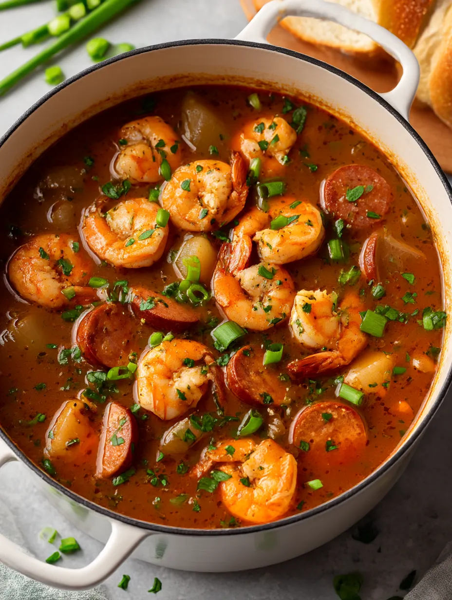 A pot of shrimp and sausage gumbo.