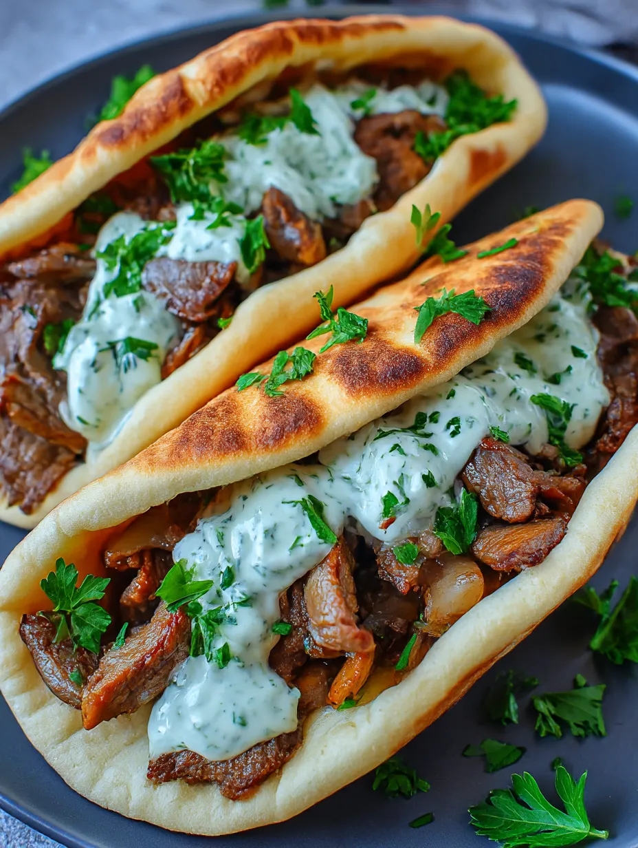 Two cheesy beef and mushroom pita pockets with tzatziki sauce.