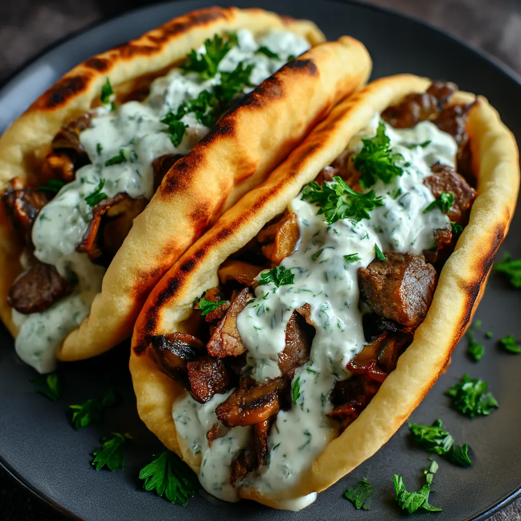 Two cheesy beef and mushroom pita pockets with tzatziki sauce.