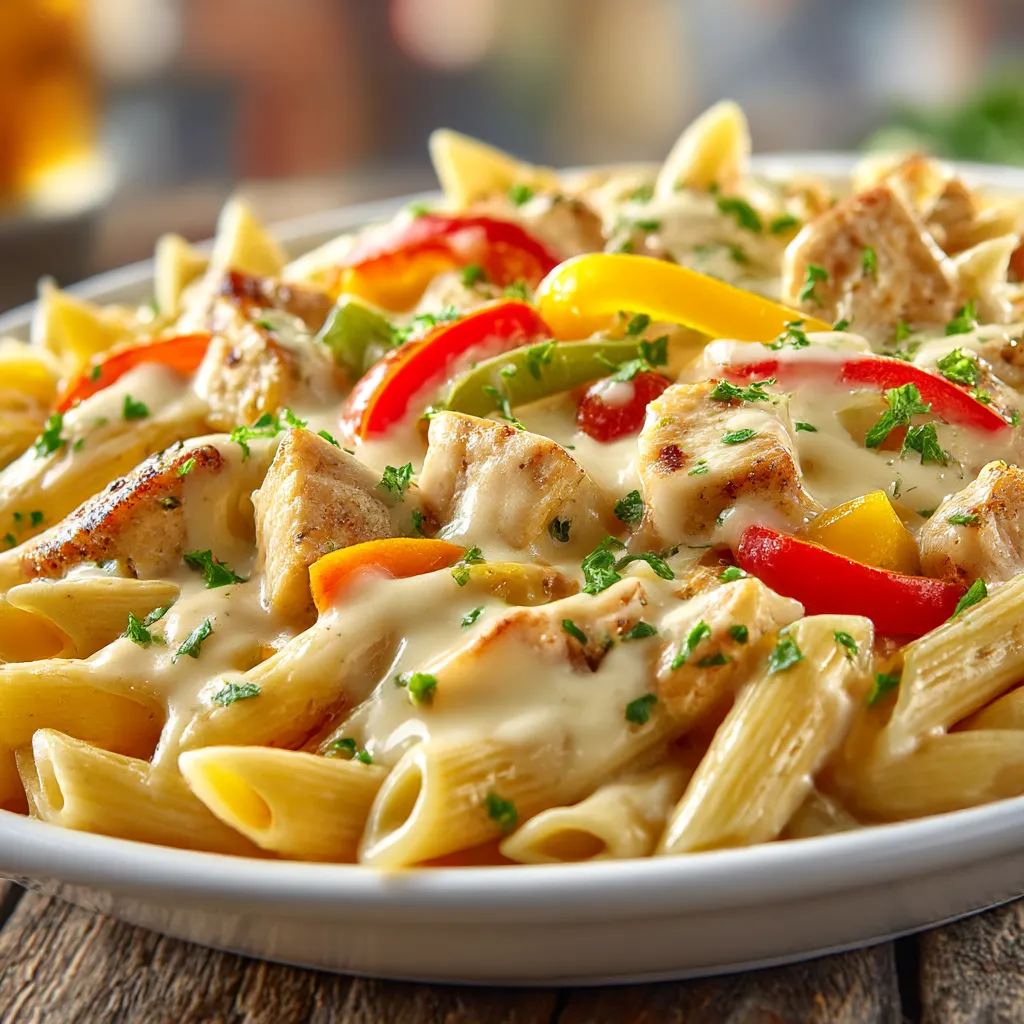 A plate of food with chicken and peppers.