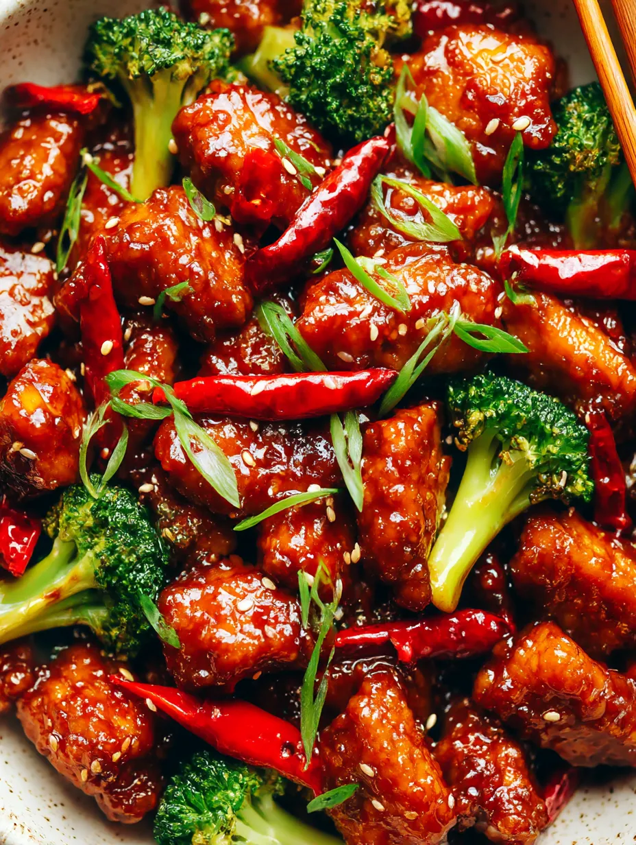 A dish of General Tso's chicken with broccoli and red peppers.