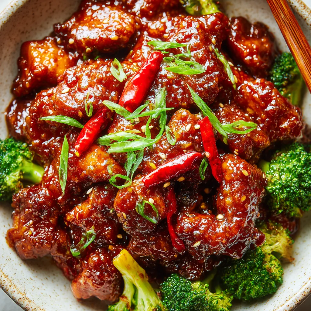 A bowl of General Tso's chicken with broccoli.