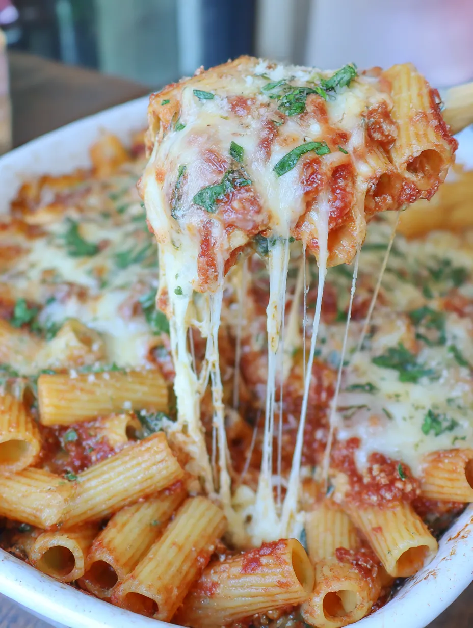 A close up of a delicious baked Italian sunset pasta.
