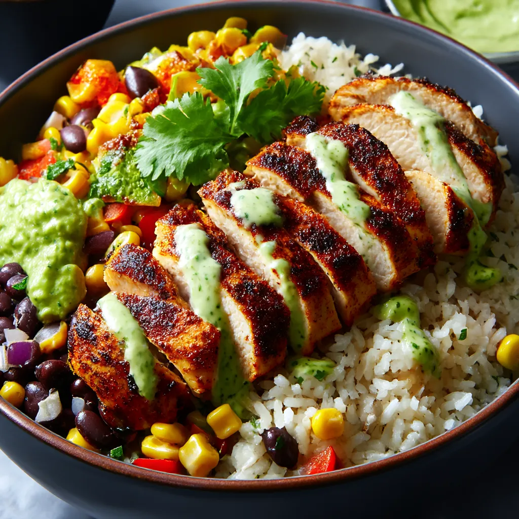 A bowl of food with rice, chicken, and vegetables.