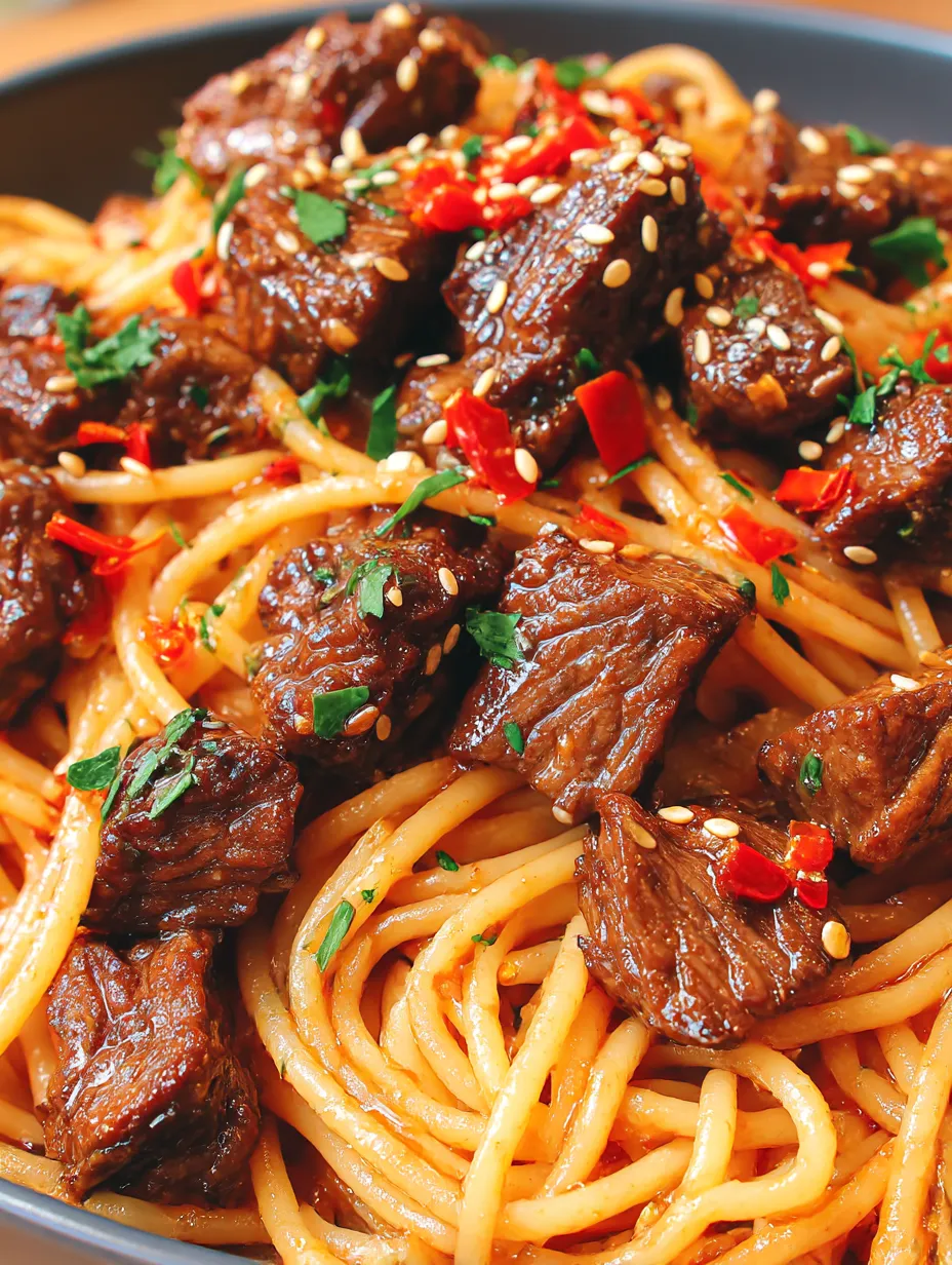 A dish of Sweet and Spicy Garlic Steak Pasta.