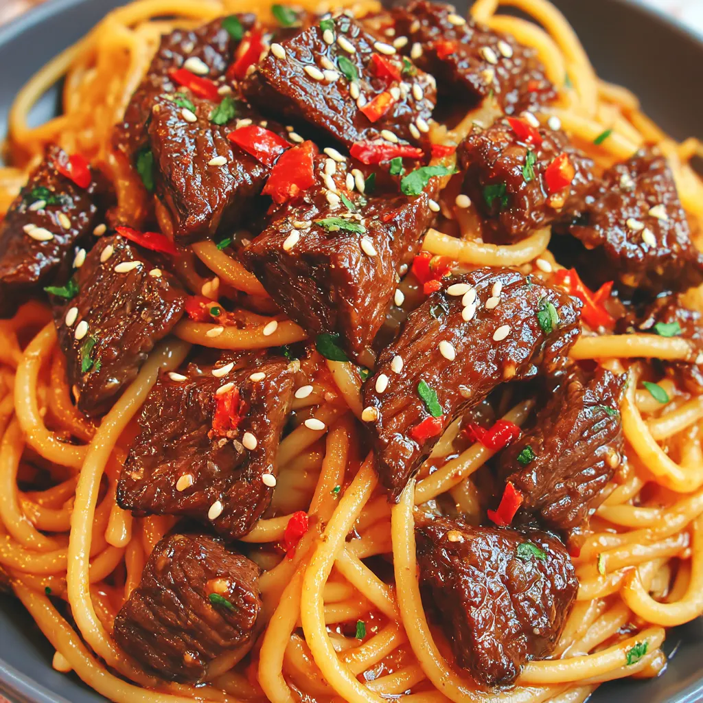 A bowl of Sweet and Spicy Garlic Steak Pasta.