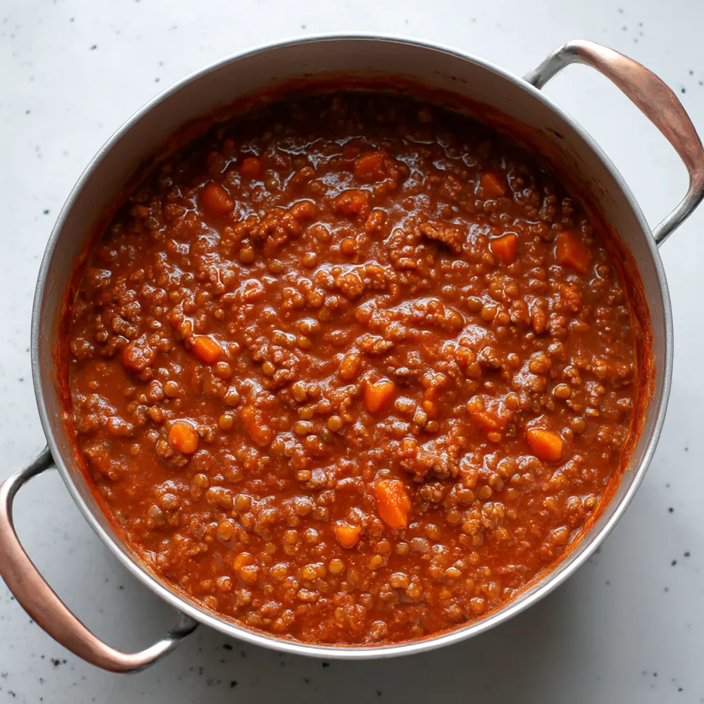 A pot of 50/50 Bolognese sauce.