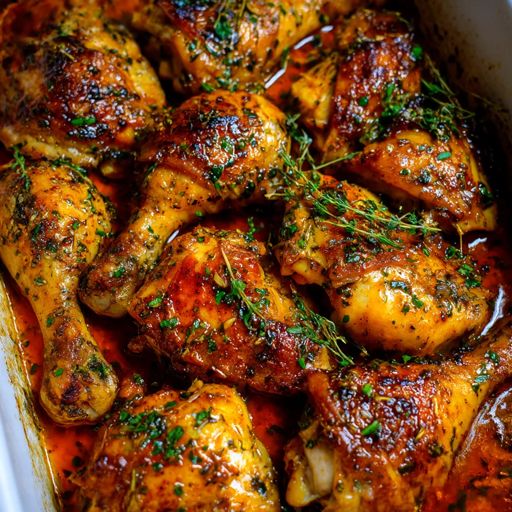 A dish of baked lemon butter chicken.