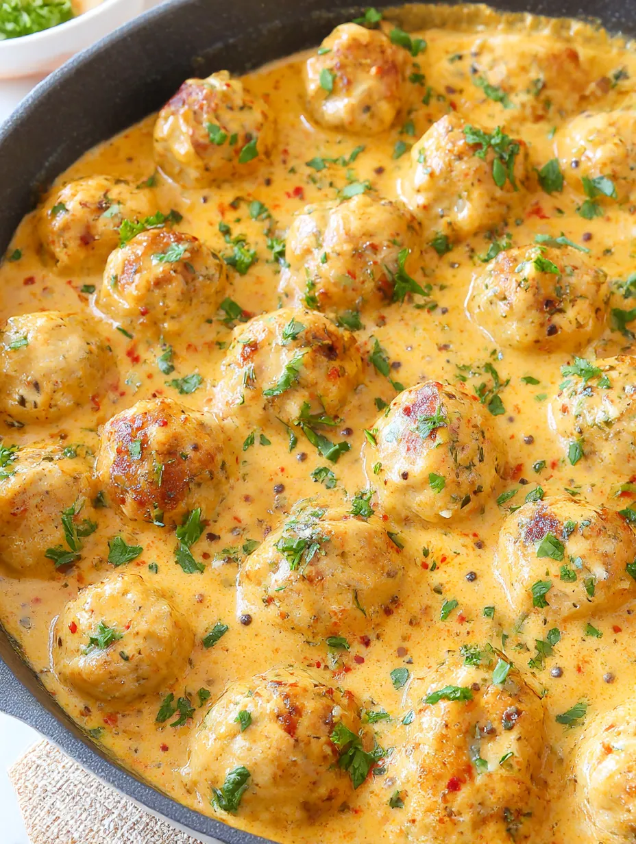 A bowl of meatballs in a creamy sauce.