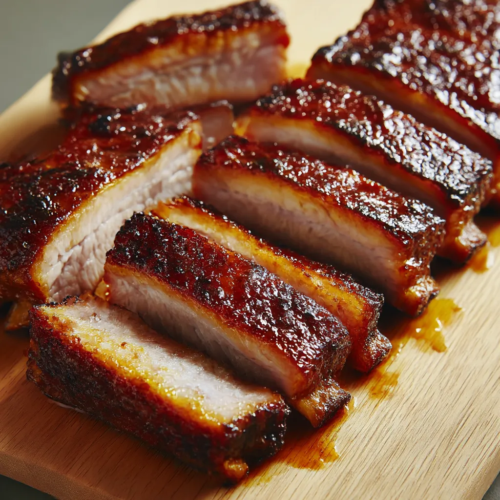 A wooden cutting board with sliced pork belly.