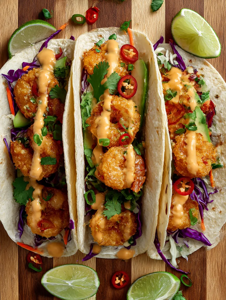 Two tacos filled with shrimp and sauce.