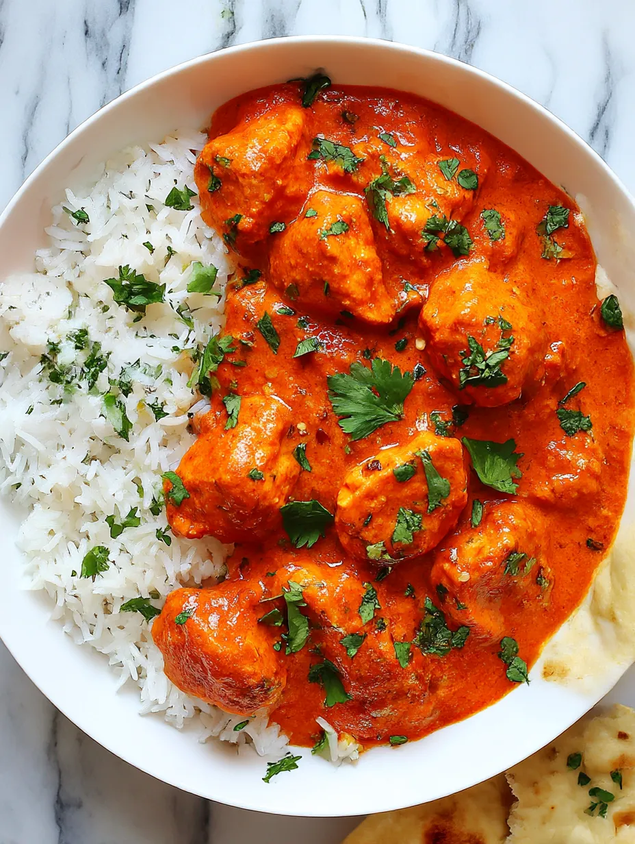 A plate of chicken tikka masala with rice.