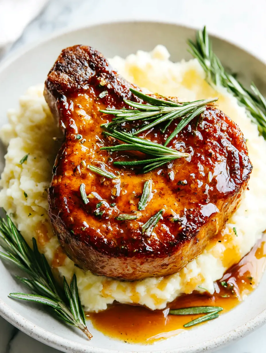 A pork chop with a brown sauce on top.