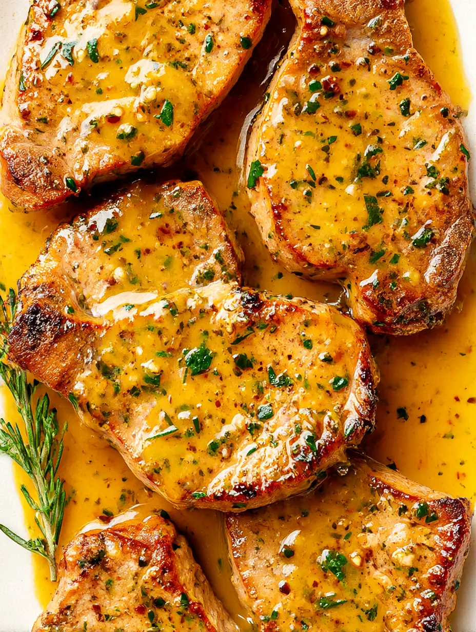 Sliced pork chops with garlic butter and rosemary.