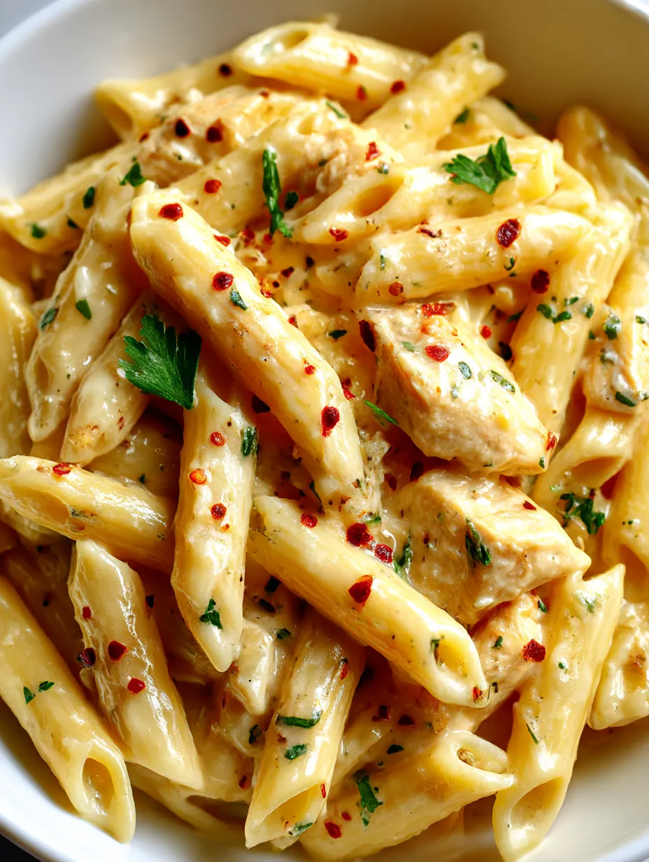 A plate of garlic Parmesan chicken pasta.