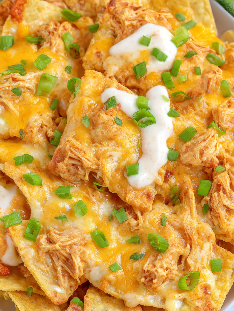 Buffalo chicken nachos with cheese and green onions.