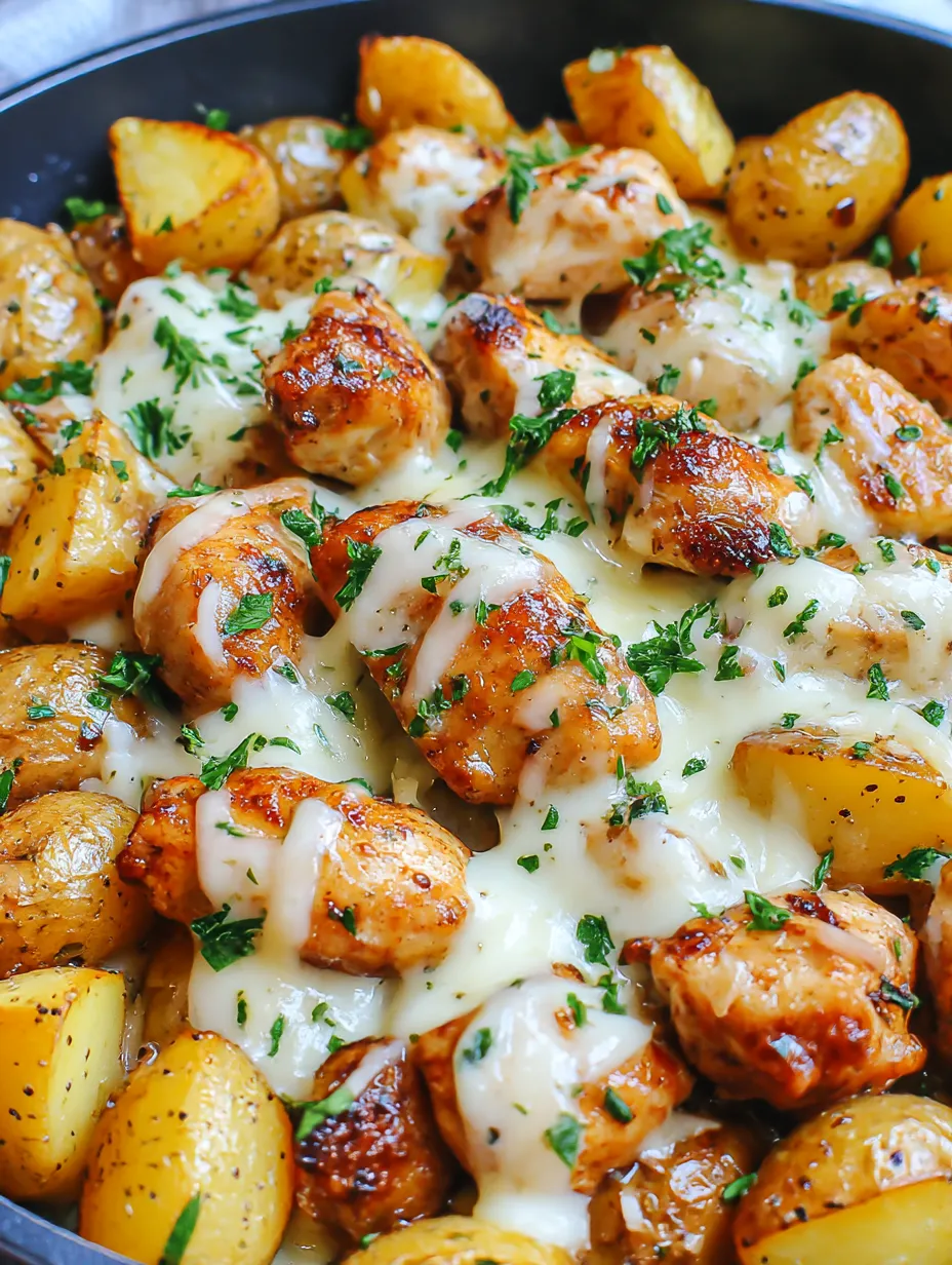 A dish of chicken and potatoes with garlic and Parmesan cheese.
