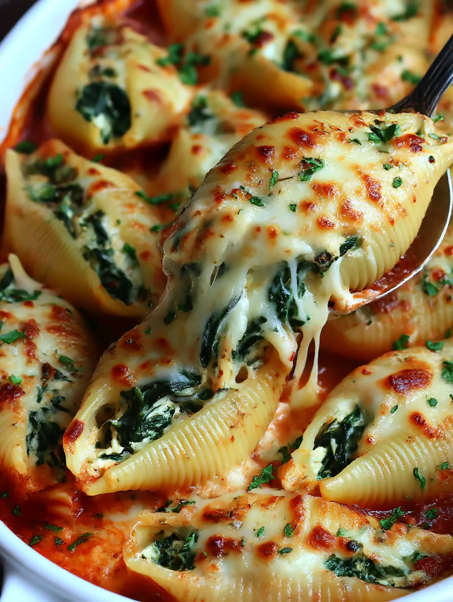 A close up of a bowl of cheesy spinach shells.