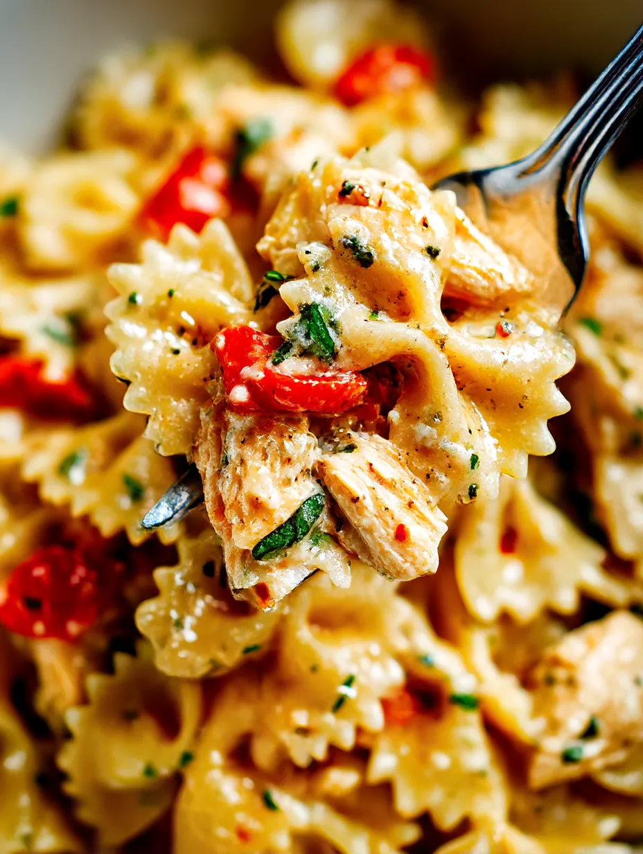 A fork is being used to eat pasta with chicken and tomatoes.