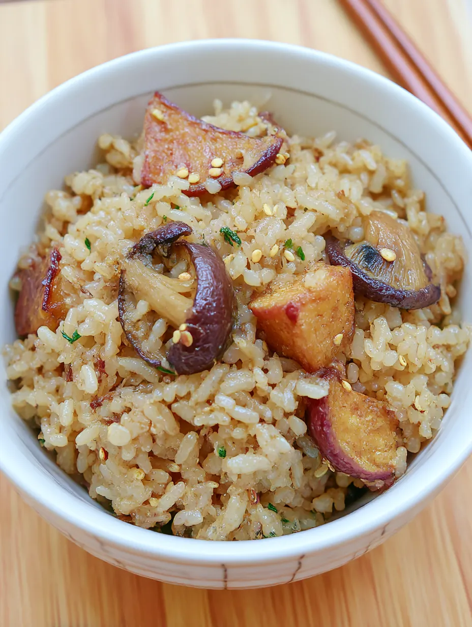 A bowl of rice with mushrooms and onions.