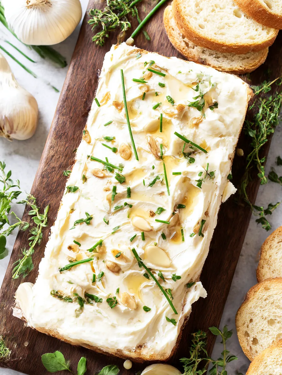 A board with a roasted garlic butter cake on it.