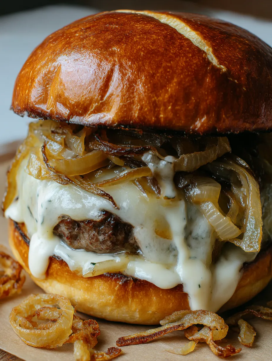 A juicy French onion soup burger with mayo sauce.