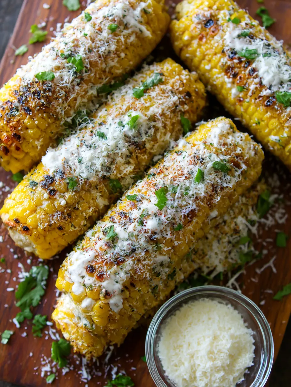Grilled Mexican street corn with cheese and herbs.