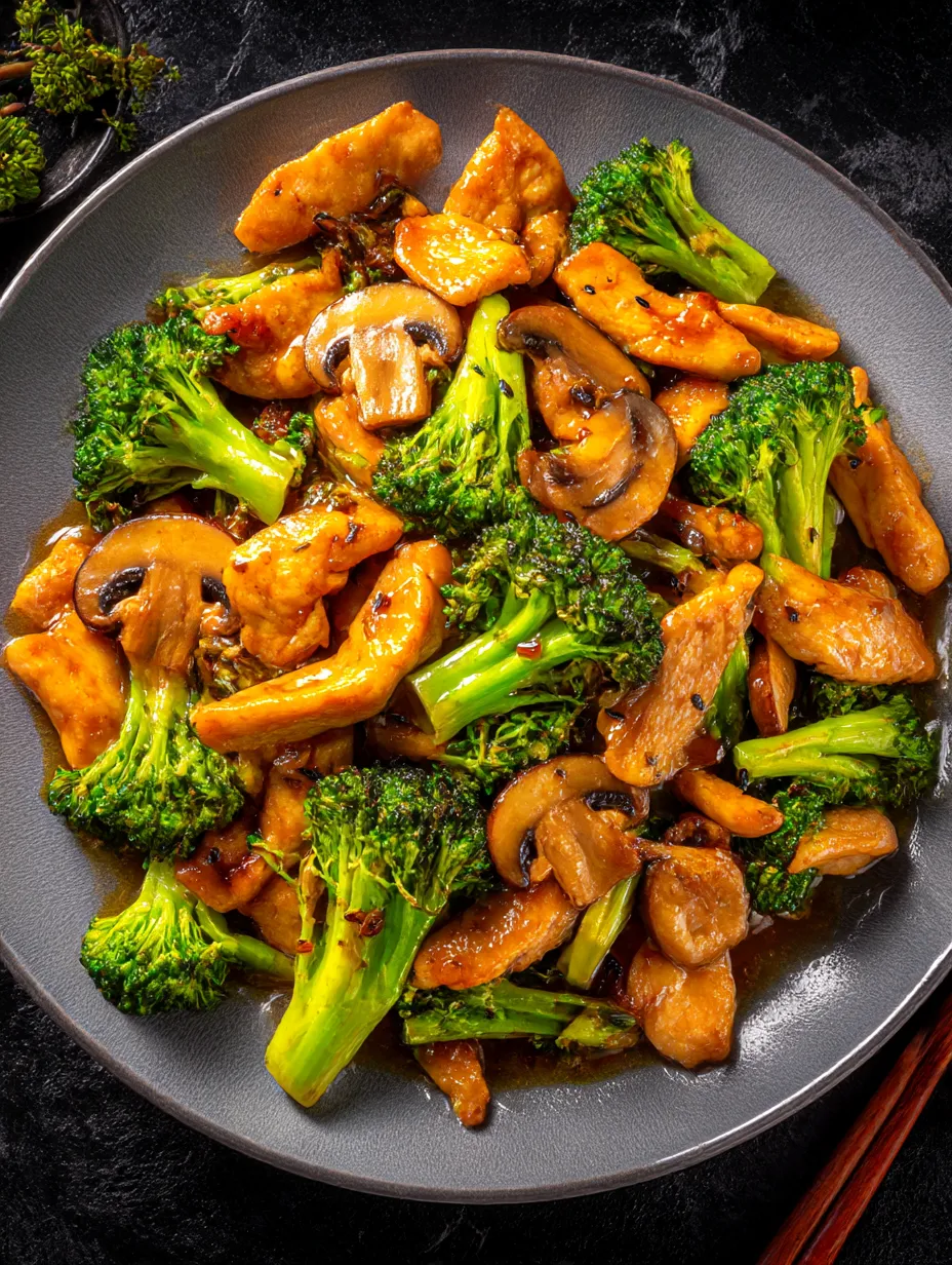 A plate of Chinese chicken and broccoli stir fry.