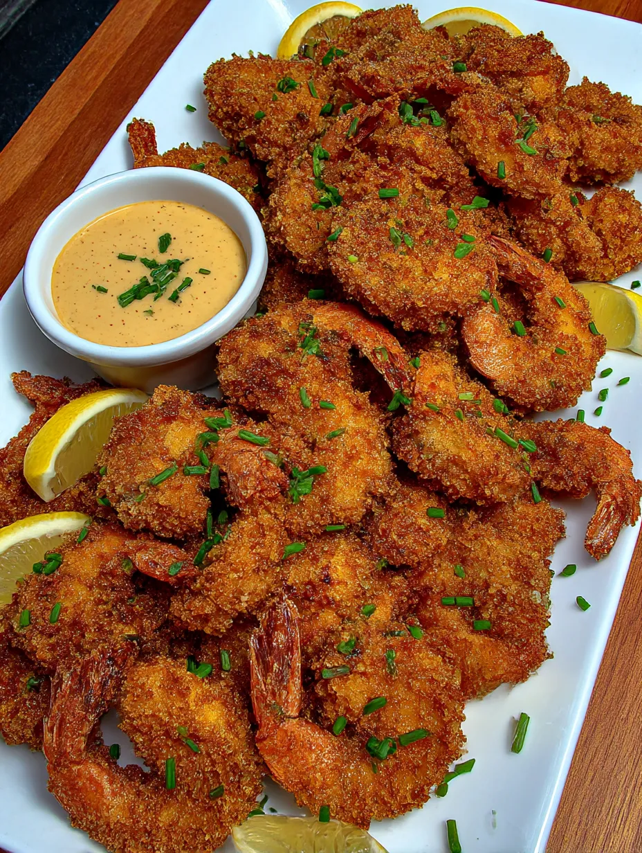 A plate of fried shrimp with a dipping sauce.