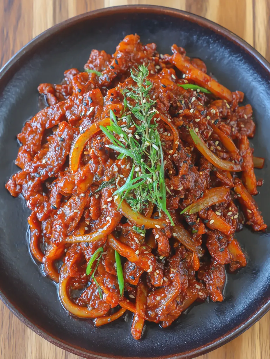 A plate of jeyuk bokkeum, a spicy beef dish.