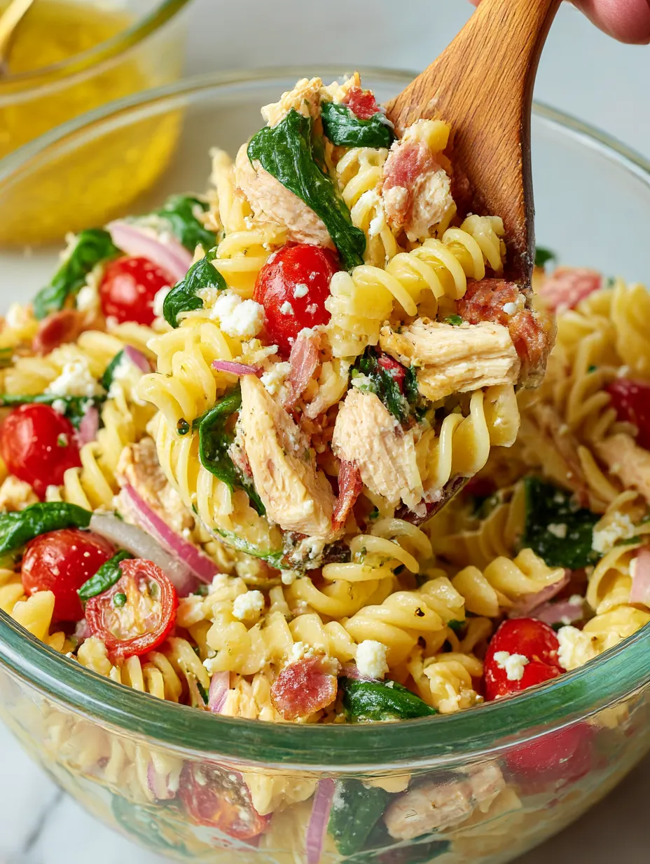 A bowl of chicken pasta salad.