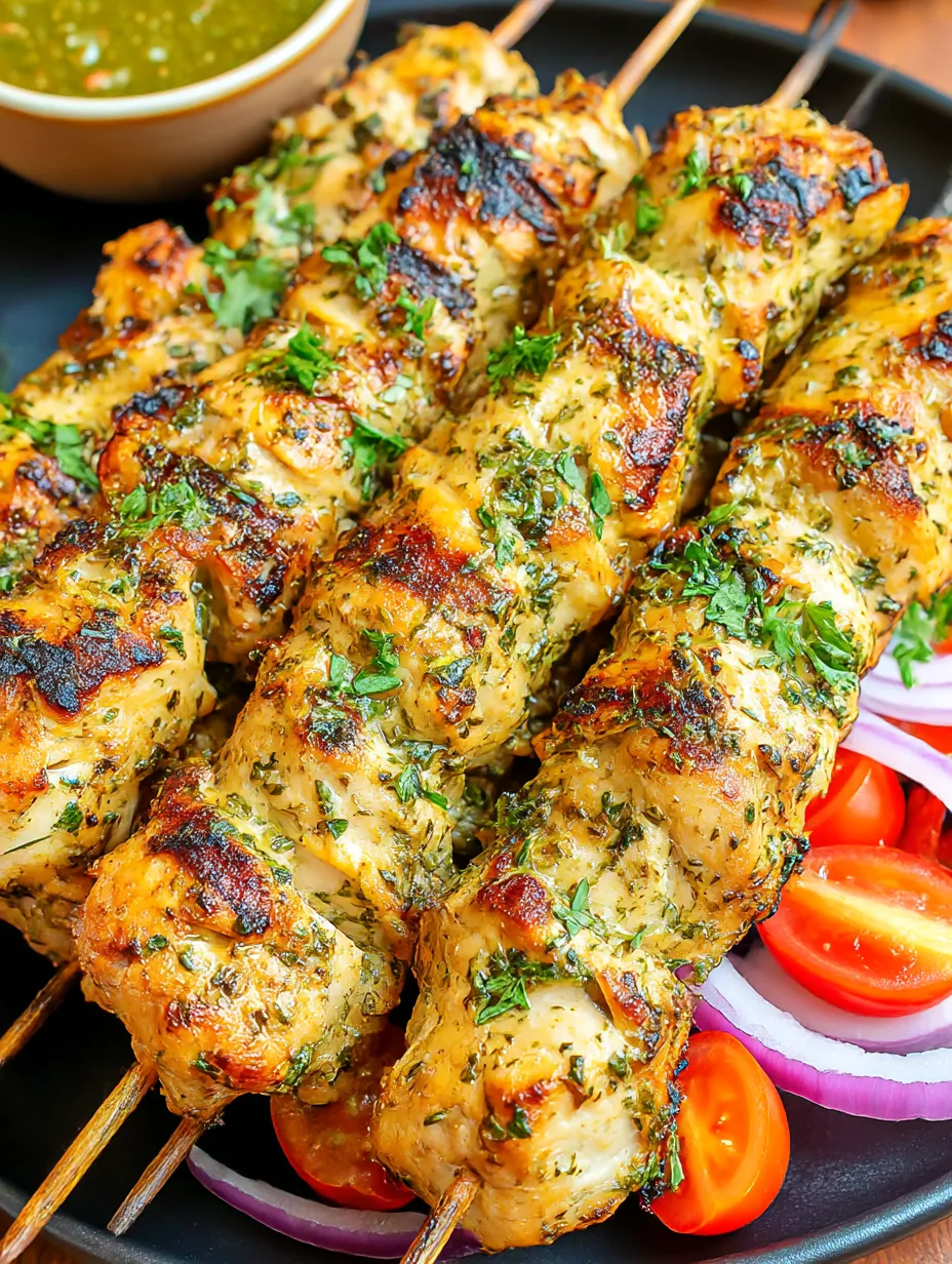 A skewer of chicken with green herbs and spices.