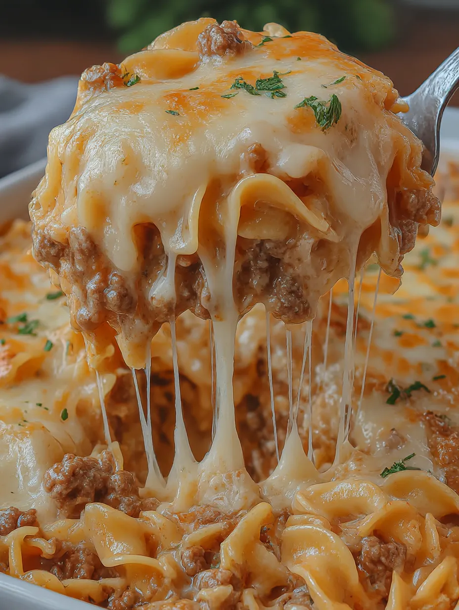 A fork is stuck in a cheesy casserole.