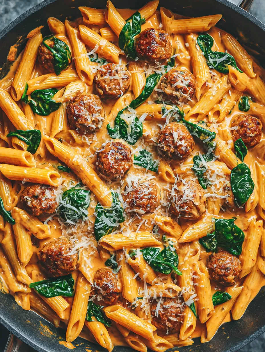 A dish of pasta with meatballs and cheese.