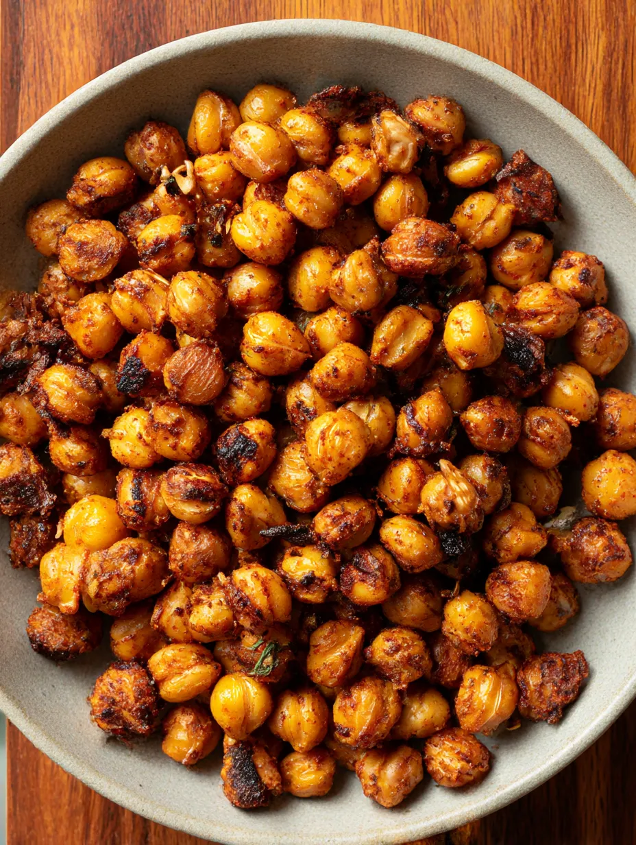 A bowl of crispy garlic roasted chickpeas.