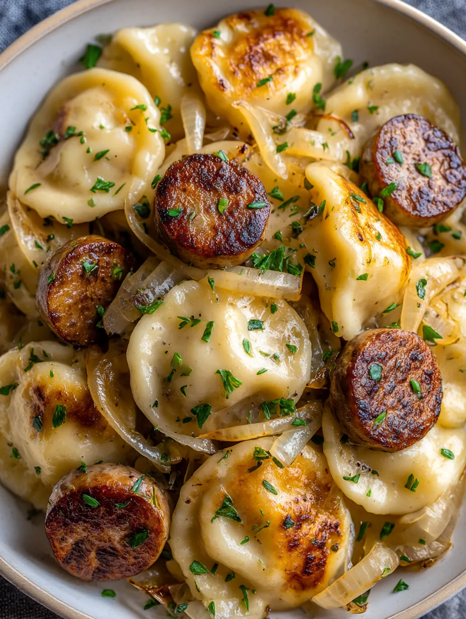 A plate of food with sausage and onions.