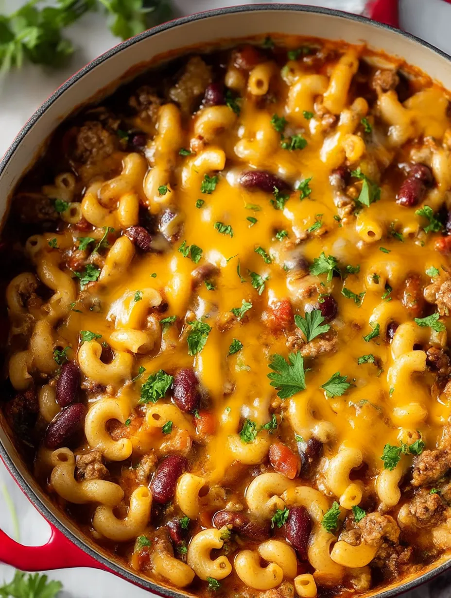 A bowl of chili mac and cheese.