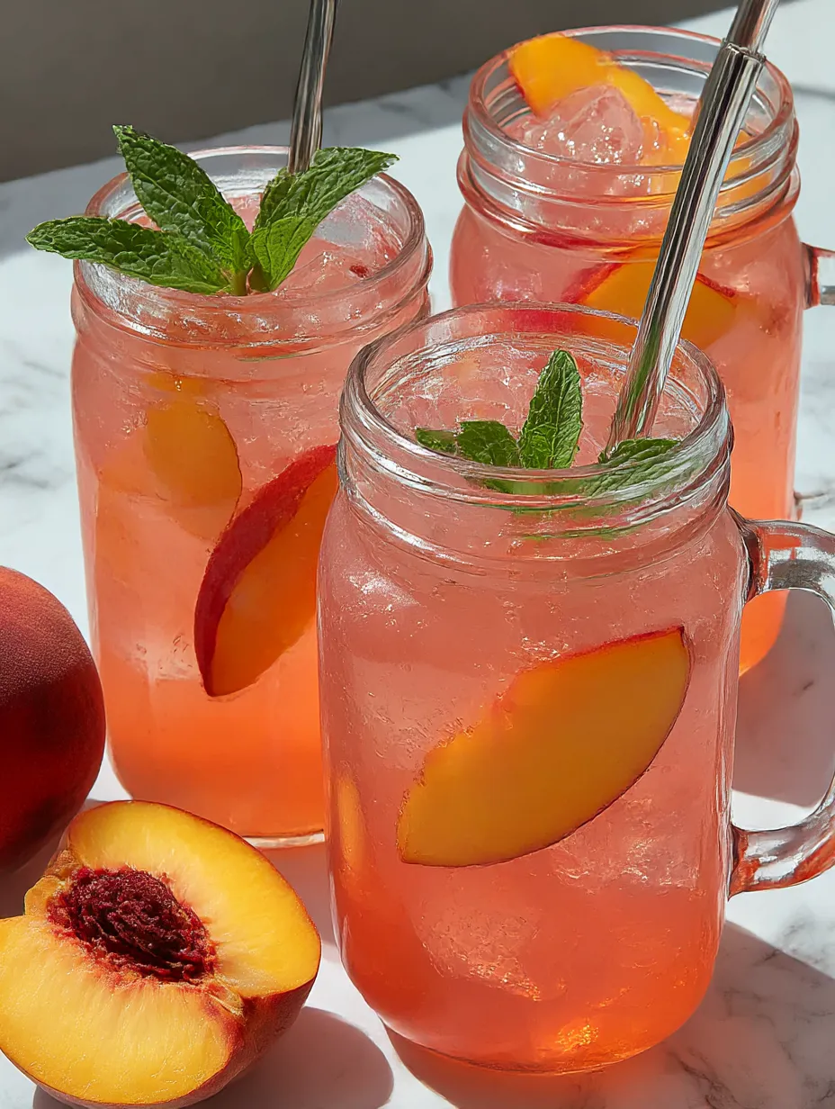 Three jars of peach lemonade with straws in them.