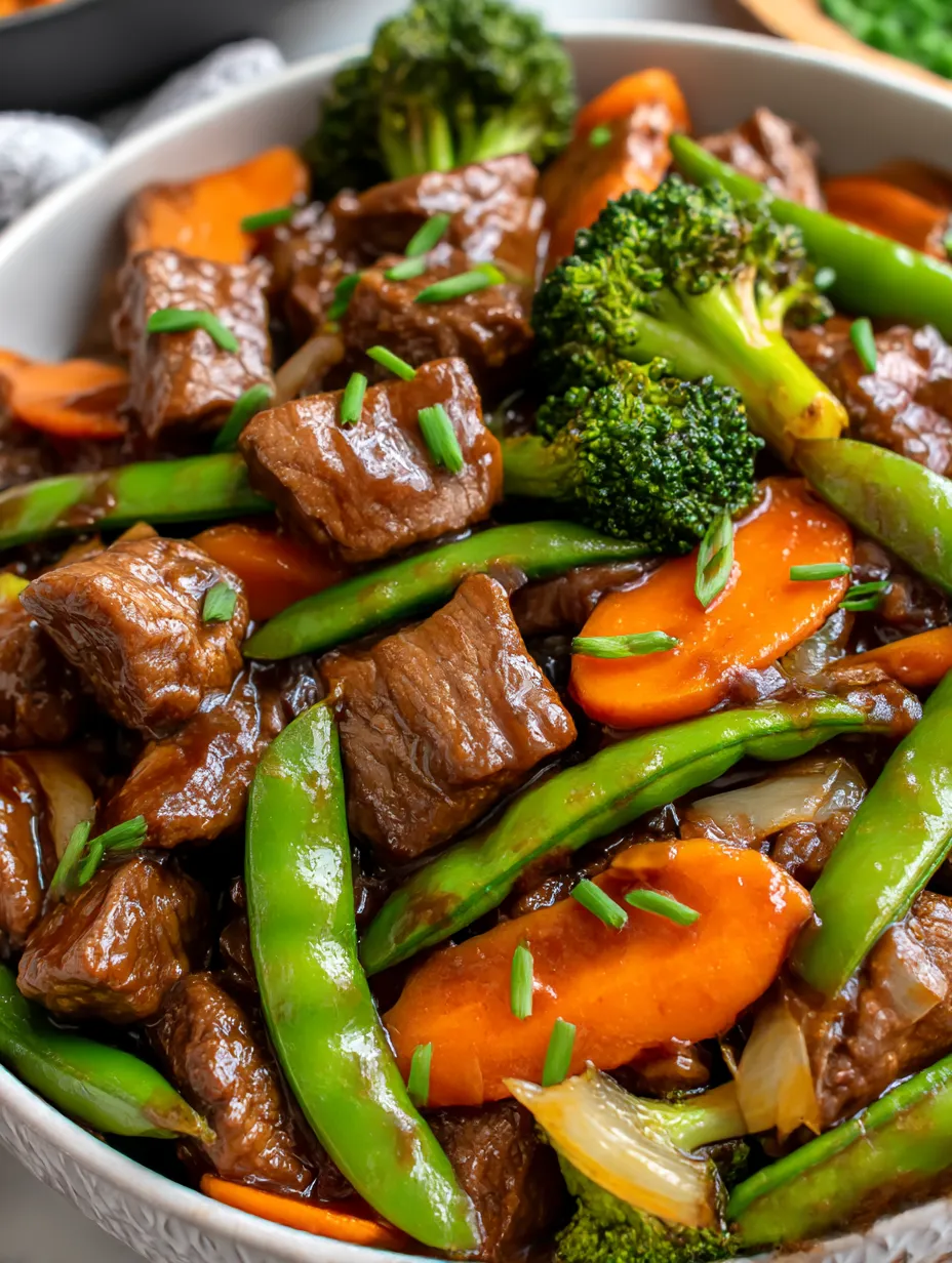 A stir fry with beef and vegetables.